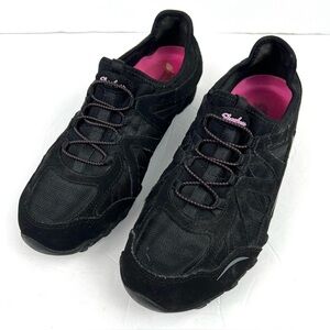 Skechers Flex Fusion Leather Bungee Lace Y2K Sneakers size 8.0 Black Hot Pink